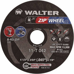 WALTER Surface Technologies - 4-1/2" 60 Grit Aluminum Oxide Cutoff Wheel - 3/64" Thick, 7/8" Arbor, 13,300 Max RPM, Use with Angle Grinders - Industrial Tool & Supply