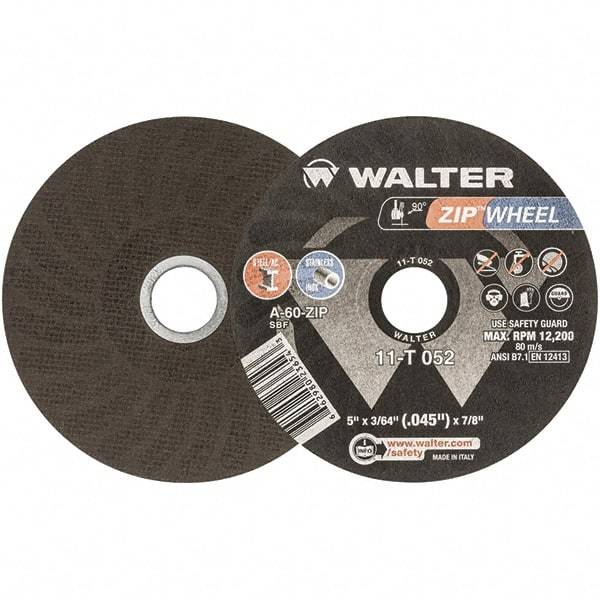 WALTER Surface Technologies - 5" 60 Grit Aluminum Oxide Cutoff Wheel - 3/64" Thick, 7/8" Arbor, 12,200 Max RPM, Use with Angle Grinders - Industrial Tool & Supply