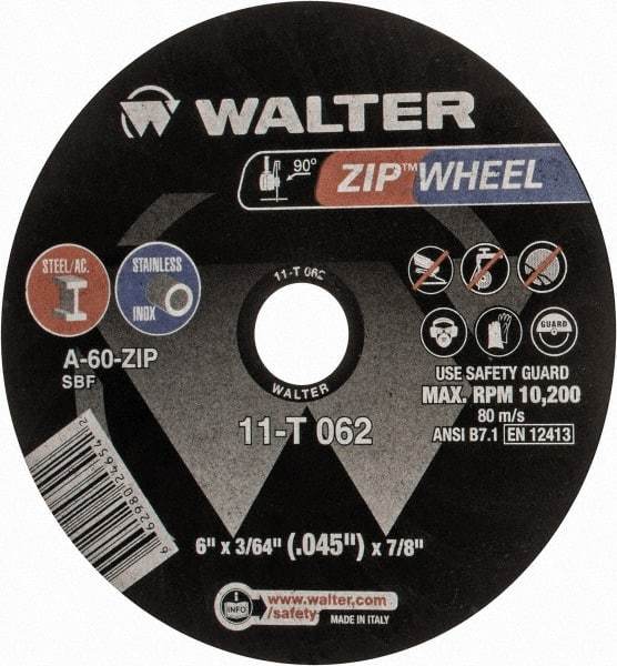 WALTER Surface Technologies - 6" 60 Grit Aluminum Oxide Cutoff Wheel - 3/64" Thick, 7/8" Arbor, 10,200 Max RPM, Use with Angle Grinders - Industrial Tool & Supply