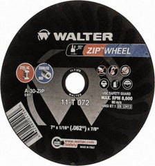 WALTER Surface Technologies - 7" 30 Grit Aluminum Oxide Cutoff Wheel - 1/16" Thick, 7/8" Arbor, 8,600 Max RPM, Use with Angle Grinders - Industrial Tool & Supply