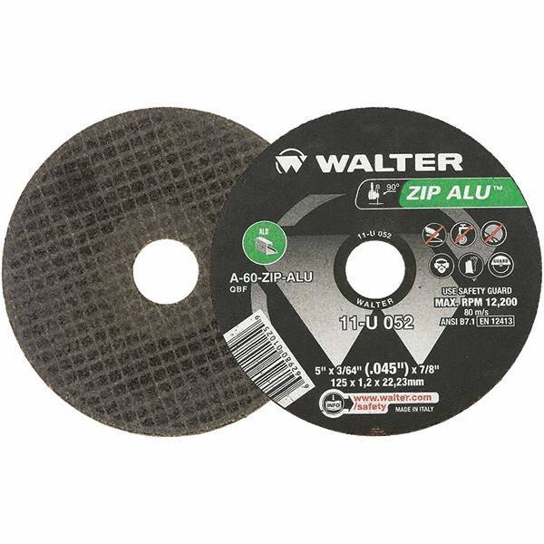 WALTER Surface Technologies - 5" 60 Grit Aluminum Oxide Cutoff Wheel - 3/64" Thick, 7/8" Arbor, 12,200 Max RPM, Use with Angle Grinders - Industrial Tool & Supply