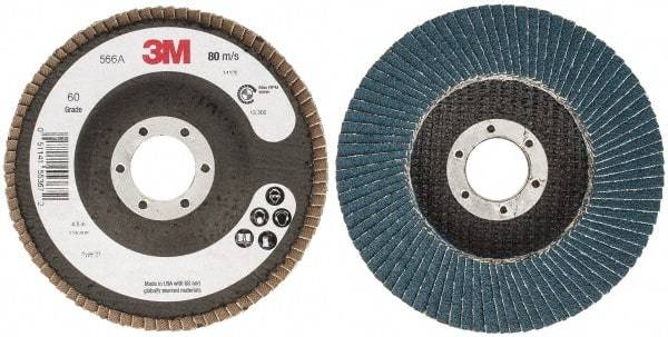 3M - 60 Grit, 4-1/2" Disc Diam, 7/8" Center Hole, Type 27 Zirconia Alumina Flap Disc - 13,300 Max RPM, Cloth Backing, Arbor Attaching System, Coated - Industrial Tool & Supply