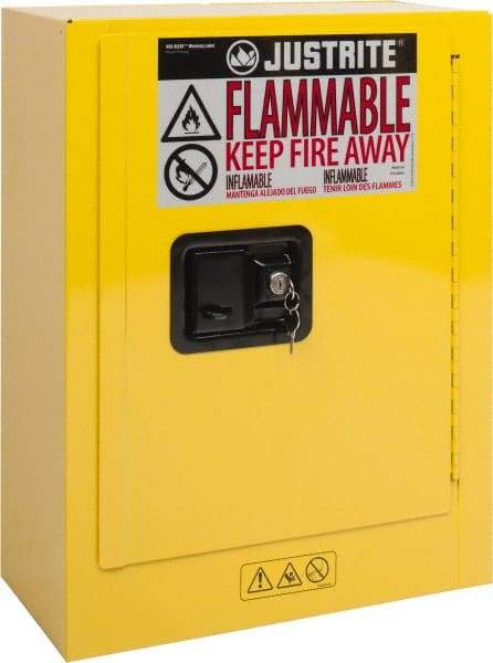 Justrite - 1 Door, 1 Shelf, Yellow Steel Space Saver Safety Cabinet for Flammable and Combustible Liquids - 22" High x 17" Wide x 8" Deep, Manual Closing Door, 2 Gal Capacity - Industrial Tool & Supply