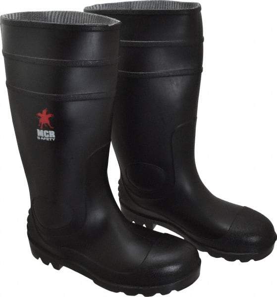 MCR Safety - Men's Size 9 Medium Width Steel Knee Boot - Black, PVC Upper, 16" High, Non-Slip, Waterproof - Industrial Tool & Supply