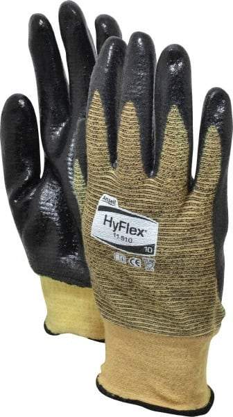 Ansell - Size XL (10), ANSI Cut Lvl 2, Abrasion Lvl 3, Nitrile Coated Cut Resistant Gloves - Palm & Fingers Coated, Kevlar Lining, Knit Wrist, Black/Yellow, Paired - Industrial Tool & Supply
