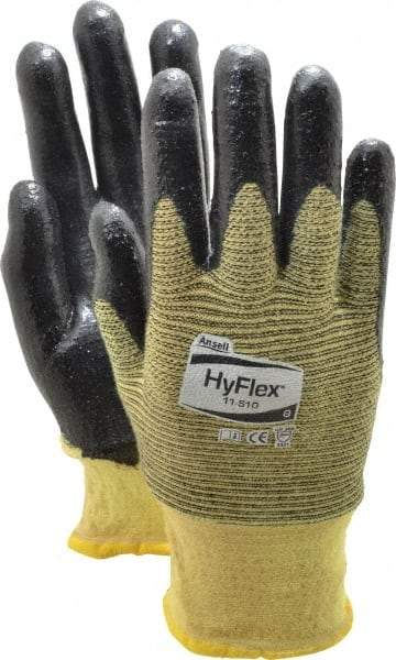 Ansell - Size M (8), ANSI Cut Lvl 2, Abrasion Lvl 3, Nitrile Coated Cut Resistant Gloves - Palm & Fingers Coated, Kevlar Lining, Knit Wrist, Black/Yellow, Paired - Industrial Tool & Supply