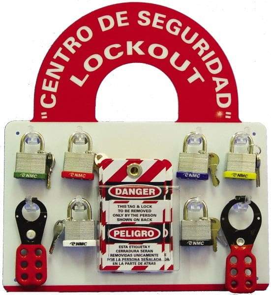 NMC - Equipped Plexiglass Tag and Padlock / Hasp Station - 14 Inch Wide x 15-1/2 Inch High, Red and White - Industrial Tool & Supply