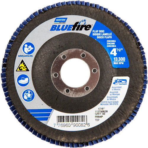 ‎4-1/2 × 7/8″ BlueFire Fiberglass HD Flat Flap Disc Type 27 P40 Grit R884P1 Zirconia Alumina - Industrial Tool & Supply