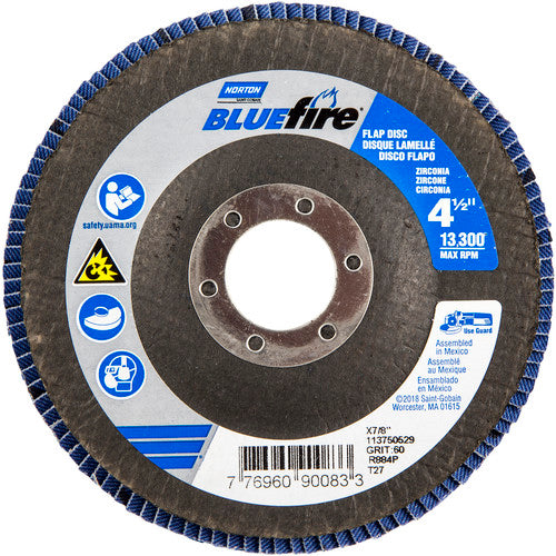 ‎4-1/2 × 7/8″ BlueFire Fiberglass HD Flat Flap Disc Type 27 P60 Grit R884P1 Zirconia Alumina - Industrial Tool & Supply