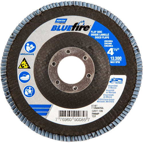‎4-1/2 × 7/8″ BlueFire Fiberglass HD Flat Flap Disc Type 27 P120 Grit R884P2 Zirconia Alumina - Industrial Tool & Supply