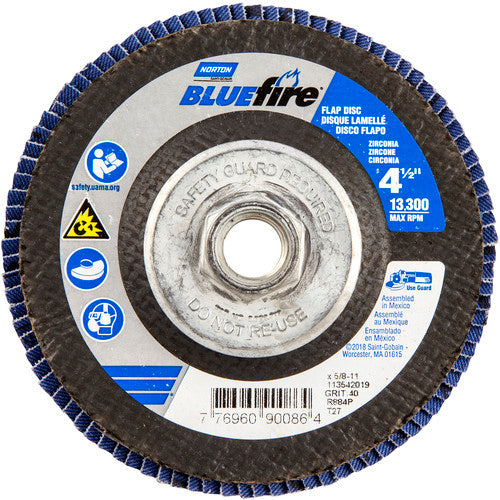 ‎4-1/2 × 5/8 - 11″ BlueFire Fiberglass HD Flat Flap Disc Type 27 P40 Grit R884P1 Zirconia Alumina - Industrial Tool & Supply
