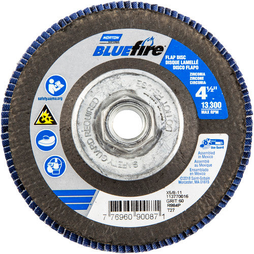 ‎4-1/2 × 5/8 - 11″ BlueFire Fiberglass HD Flat Flap Disc Type 27 P60 Grit R884P1 Zirconia Alumina - Industrial Tool & Supply