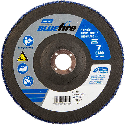 7 × 7/8″ BlueFire Fiberglass HD Flat Flap Disc Type 27 P40 Grit R884P1 Zirconia Alumina - Industrial Tool & Supply