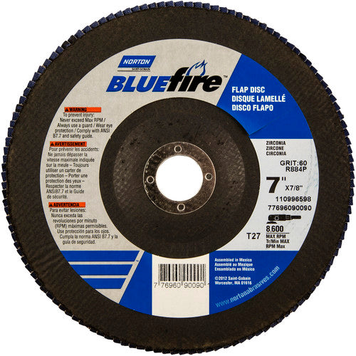 7 × 7/8″ BlueFire Fiberglass HD Flat Flap Disc Type 27 P60 Grit R884P1 Zirconia Alumina - Industrial Tool & Supply