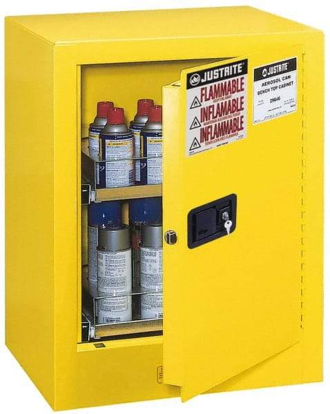 Justrite - 1 Door, 2 Shelf, Yellow Steel Bench Top Safety Cabinet for Flammable and Combustible Liquids - 27" High x 21" Wide x 18" Deep, Manual Closing Door, 4 Gal Capacity - Industrial Tool & Supply