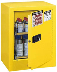 Justrite - 1 Door, 2 Shelf, Yellow Steel Bench Top Safety Cabinet for Flammable and Combustible Liquids - 27" High x 21" Wide x 18" Deep, Manual Closing Door, 4 Gal Capacity - Industrial Tool & Supply