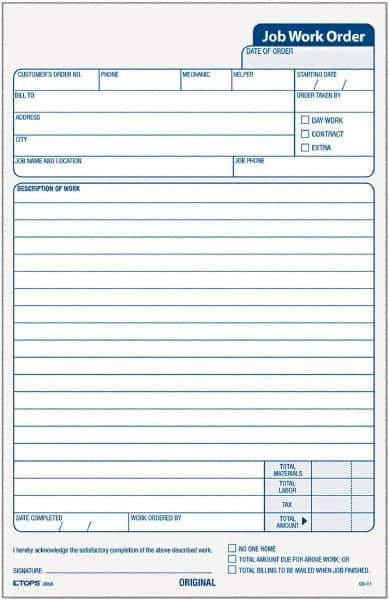 TOPS - 50 Sheet, 5-1/2 x 8-1/2", Work Order Pad - White - Industrial Tool & Supply