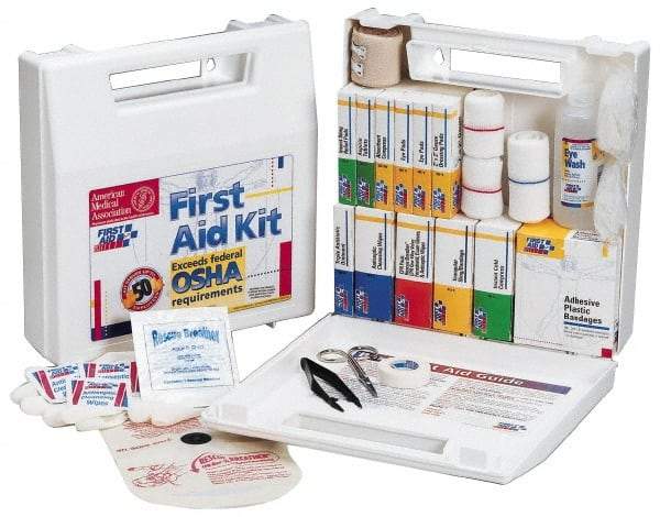 First Aid Only - 62 Piece, 10 Person, Full First Aid Kit - 9" Wide x 2-1/2" Deep x 8-3/8" High, Plastic Case - Industrial Tool & Supply