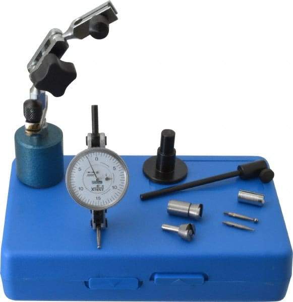 Fowler - 9 Piece, 0" to 0.06" Measuring Range, 1-1/2" Dial Diam, 0-15-0 Dial Reading, Horizontal White Dial Test Indicator Kit - 0.08" Ball Diam, 0.0005" Dial Graduation - Industrial Tool & Supply