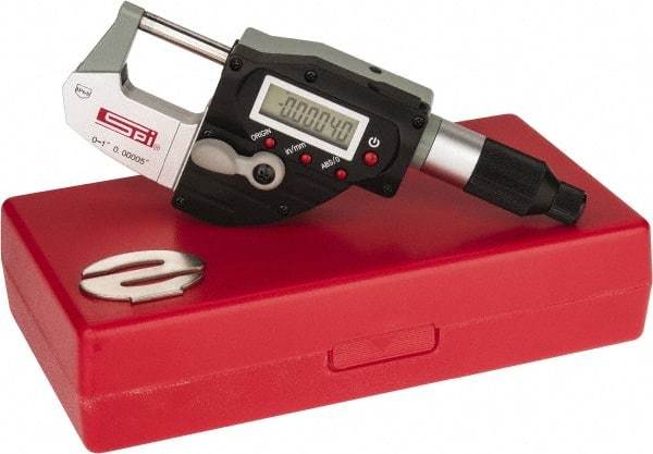 SPI - 0 to 1 Inch Range, 0.001 Inch Resolution, Standard Throat, IP65 Electronic Outside Micrometer - Accurate to 0.00016 Inch, Sliding Thimble, Carbide Tipped Face - Industrial Tool & Supply