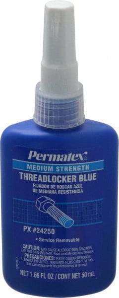 Permatex - 50 mL Bottle, Blue, Medium Strength Liquid Threadlocker - Series 242, 24 hr Full Cure Time, Hand Tool Removal - Industrial Tool & Supply