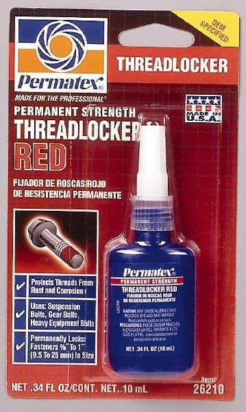 Permatex - 10 mL Bottle, Red, High Strength Liquid Threadlocker - Series 262, 24 hr Full Cure Time, Hand Tool, Heat Removal - Industrial Tool & Supply