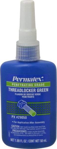 Permatex - 50 mL Bottle, Green, Liquid Medium Strength Threadlocker - Series 290, 24 hr Full Cure Time, Hand Tool, Heat Removal - Industrial Tool & Supply