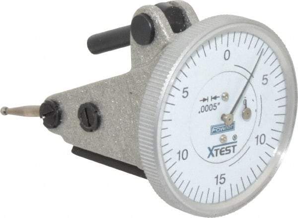 Fowler - 0.06 Inch Range, 0.0005 Inch Dial Graduation, Vertical Dial Test Indicator - 1-1/2 Inch White Dial, 0-15-0 Dial Reading - Industrial Tool & Supply