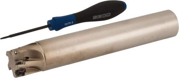 Seco - 1-1/4" Cut Diam, 0.354" Max Depth of Cut, 1-1/4" Shank Diam, 7.677" OAL, Indexable Square Shoulder End Mill - XO.X 10T3.. Inserts, Cylindrical Shank, 90° Lead Angle, Through Coolant, Series Turbo 10 - Industrial Tool & Supply