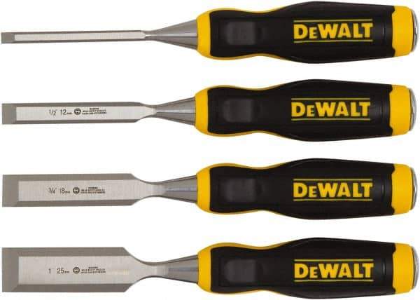 DeWALT - 4 Piece Wood Chisel Set - 11-29/32" OAL, High-impact Polypropylene & Rubber, Sizes Included 1/4 to 1" - Industrial Tool & Supply