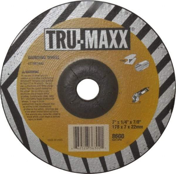 Tru-Maxx - 24 Grit, 7" Wheel Diam, 1/4" Wheel Thickness, 7/8" Arbor Hole, Type 27 Depressed Center Wheel - Aluminum Oxide, 8,600 Max RPM, Compatible with Angle Grinder - Industrial Tool & Supply