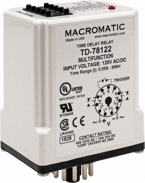 Macromatic - 11 Pin, 999 hr Delay, Multiple Range DPDT Time Delay Relay - 10 Contact Amp, 120 VAC/VDC, Pushbutton Thumbwheel - Industrial Tool & Supply