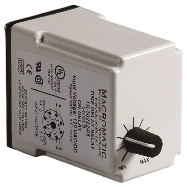Macromatic - 8 Pin, Multiple Range DPDT Time Delay Relay - 10 Contact Amp, 240 VAC, Knob - Industrial Tool & Supply
