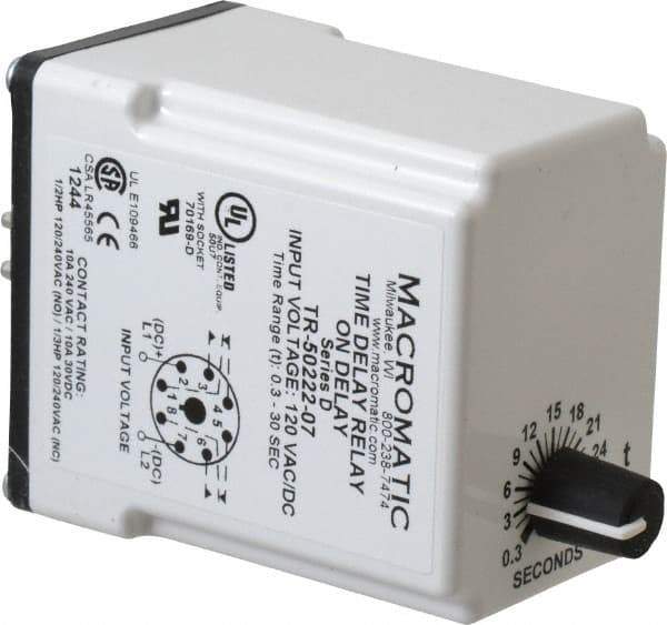 Macromatic - 8 Pin, Multiple Range DPDT Time Delay Relay - 10 Contact Amp, 120 VAC/VDC, Knob - Industrial Tool & Supply