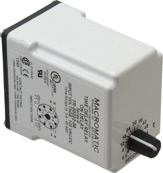 Macromatic - 8 Pin, Multiple Range DPDT Time Delay Relay - 10 Contact Amp, 120 VAC/VDC, Knob - Industrial Tool & Supply