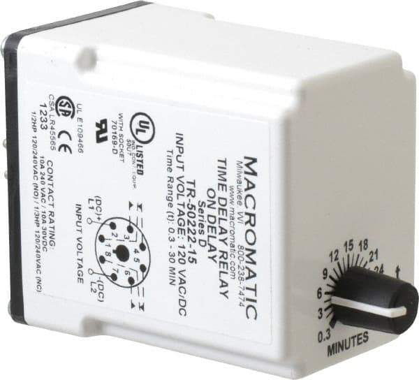 Macromatic - 8 Pin, 0.3 to 30 min Delay, Multiple Range DPDT Time Delay Relay - 10 Contact Amp, 120 VAC/VDC, Knob - Industrial Tool & Supply