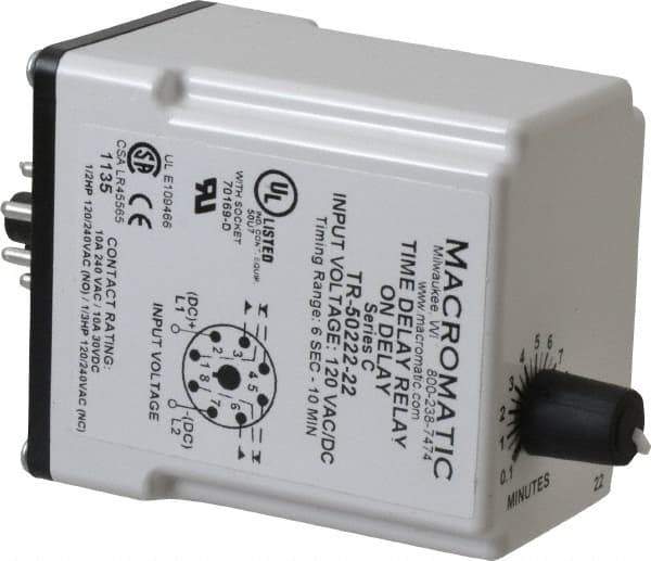 Macromatic - 8 Pin, 10 min Delay, Multiple Range DPDT Time Delay Relay - 10 Contact Amp, 120 VAC/VDC, Knob - Industrial Tool & Supply