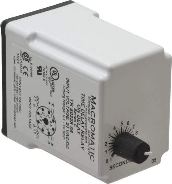 Macromatic - 8 Pin, Multiple Range DPDT Time Delay Relay - 10 Contact Amp, 24 VAC/VDC, Knob - Industrial Tool & Supply