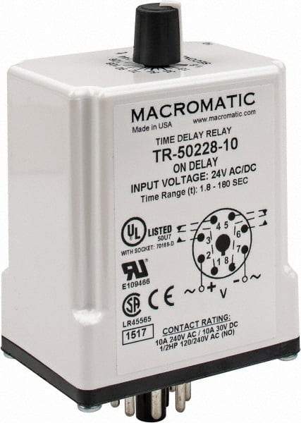 Macromatic - 8 Pin, Multiple Range DPDT Time Delay Relay - 10 Contact Amp, 24 VAC/VDC, Knob - Industrial Tool & Supply