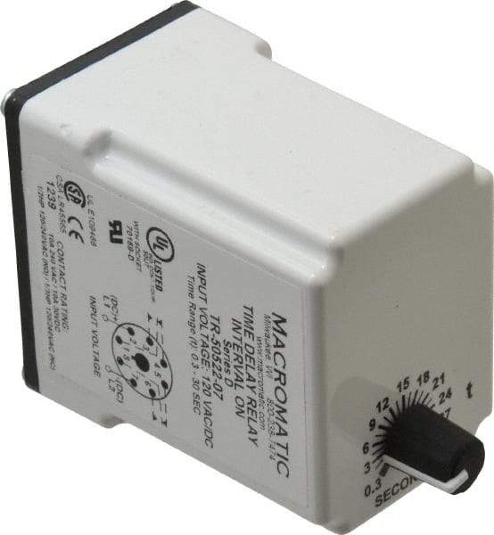 Macromatic - 8 Pin, Multiple Range DPDT Time Delay Relay - 10 Contact Amp, 120 VAC/VDC, Knob - Industrial Tool & Supply
