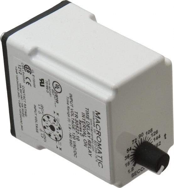 Macromatic - 8 Pin, Multiple Range DPDT Time Delay Relay - 10 Contact Amp, 120 VAC/VDC, Knob - Industrial Tool & Supply