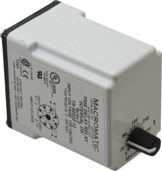 Macromatic - 8 Pin, Multiple Range DPDT Time Delay Relay - 10 Contact Amp, 120 VAC/VDC, Knob - Industrial Tool & Supply