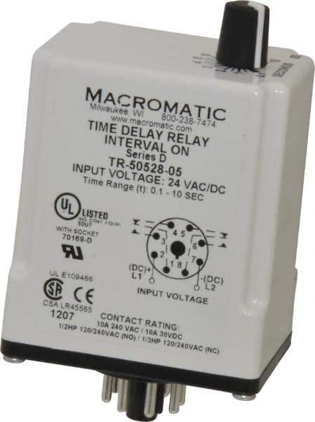 Macromatic - 8 Pin, Multiple Range DPDT Time Delay Relay - 10 Contact Amp, 24 VAC/VDC, Knob - Industrial Tool & Supply