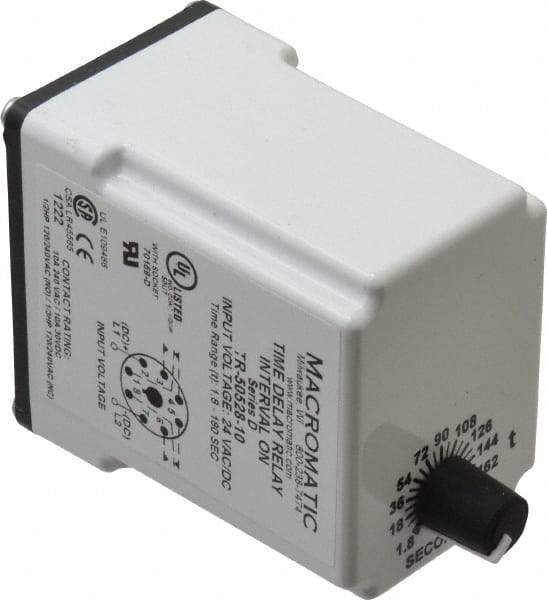 Macromatic - 8 Pin, Multiple Range DPDT Time Delay Relay - 10 Contact Amp, 24 VAC/VDC, Knob - Industrial Tool & Supply