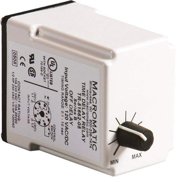 Macromatic - 11 Pin, 10 min Delay, Multiple Range DPDT Time Delay Relay - 10 Contact Amp, 120 VAC/VDC, Knob - Industrial Tool & Supply