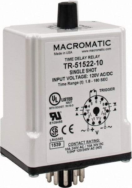 Macromatic - 11 Pin, Multiple Range DPDT Time Delay Relay - 10 Contact Amp, 120 VAC/VDC, Knob - Industrial Tool & Supply