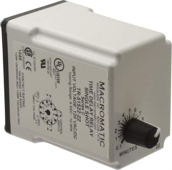 Macromatic - 11 Pin, 10 min Delay, Multiple Range DPDT Time Delay Relay - 10 Contact Amp, 120 VAC/VDC, Knob - Industrial Tool & Supply