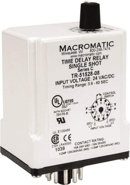 Macromatic - 11 Pin, Multiple Range DPDT Time Delay Relay - 10 Contact Amp, 24 VAC/VDC, Knob - Industrial Tool & Supply