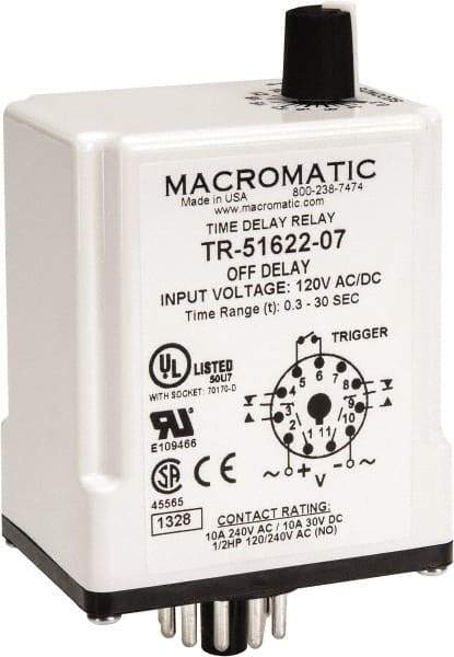 Macromatic - 11 Pin, Multiple Range DPDT Time Delay Relay - 10 Contact Amp, 120 VAC/VDC, Knob - Industrial Tool & Supply