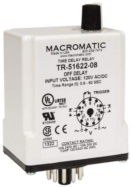 Macromatic - 11 Pin, Multiple Range DPDT Time Delay Relay - 10 Contact Amp, 120 VAC/VDC, Knob - Industrial Tool & Supply
